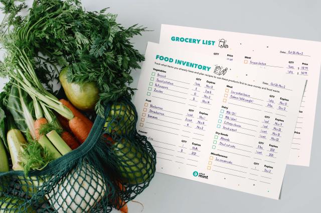 Mockup of grocery list and food inventory printables with fresh produce