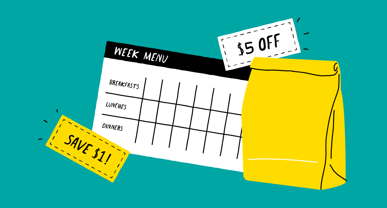 Illustration of grocery coupons and meal planner.