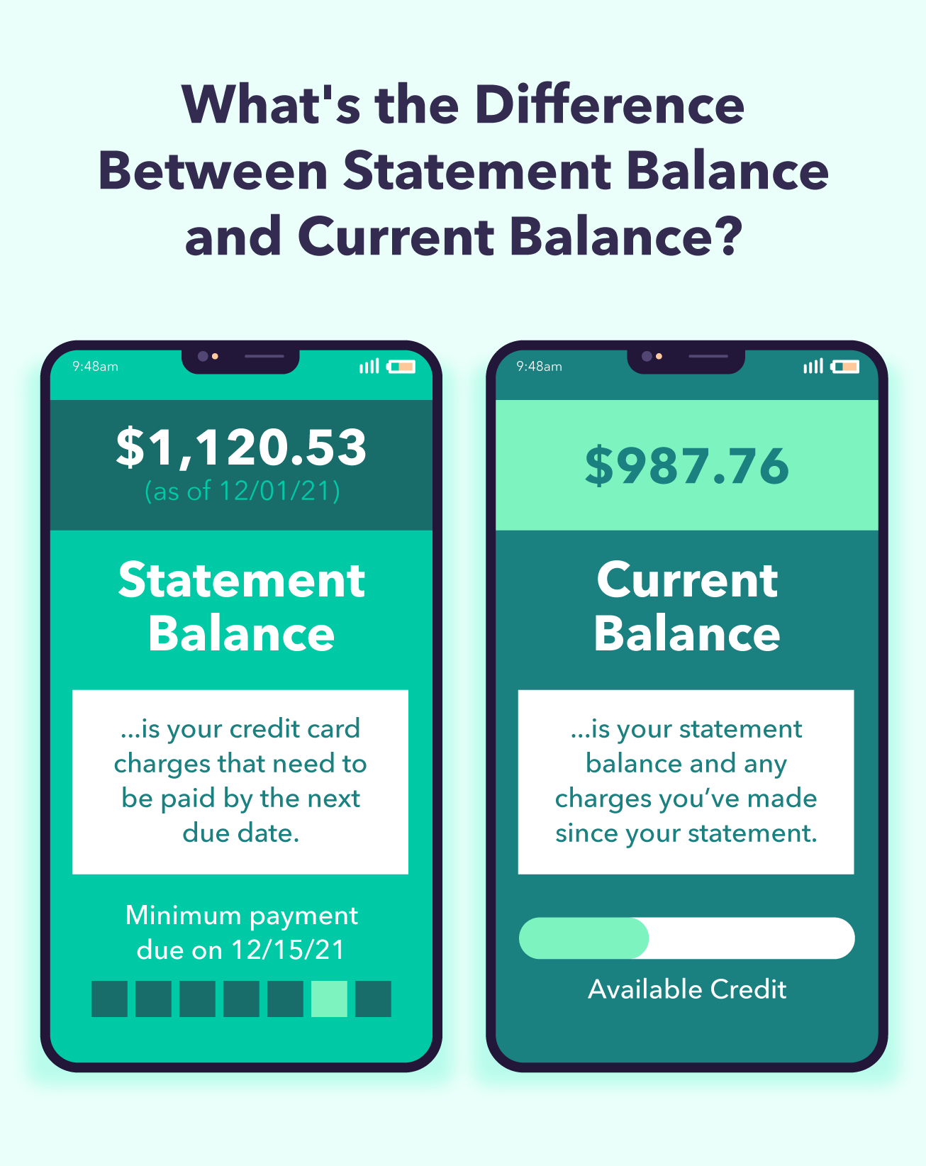 Two smartphone screens displaying the statement balance (credit card charges you need to pay by the next due date) and the current balance (statement balance plus any recent charges).