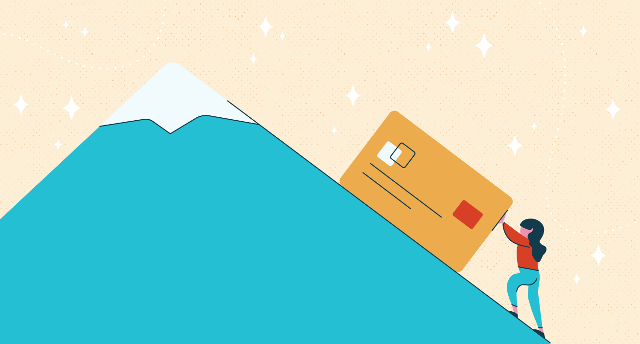Woman pushing credit card up a hill