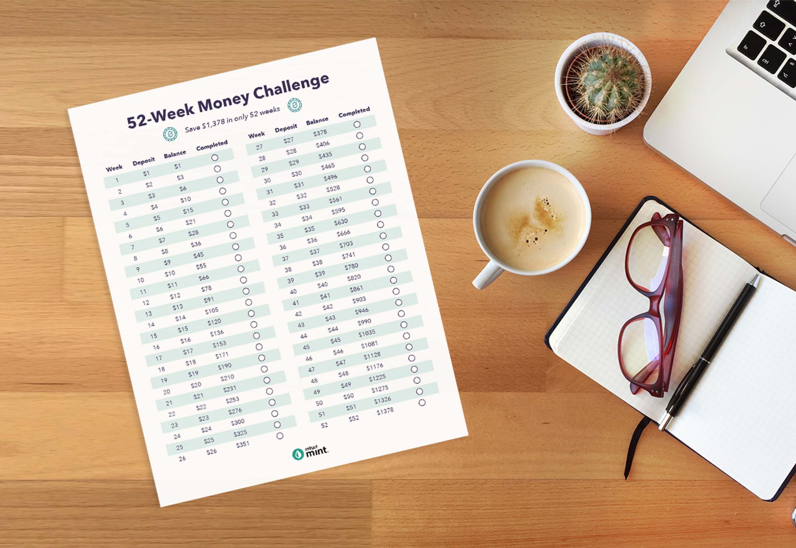 Mint’s 52-week money challenge printable sits a wooden desk next to a laptop, coffee, and a notebook.