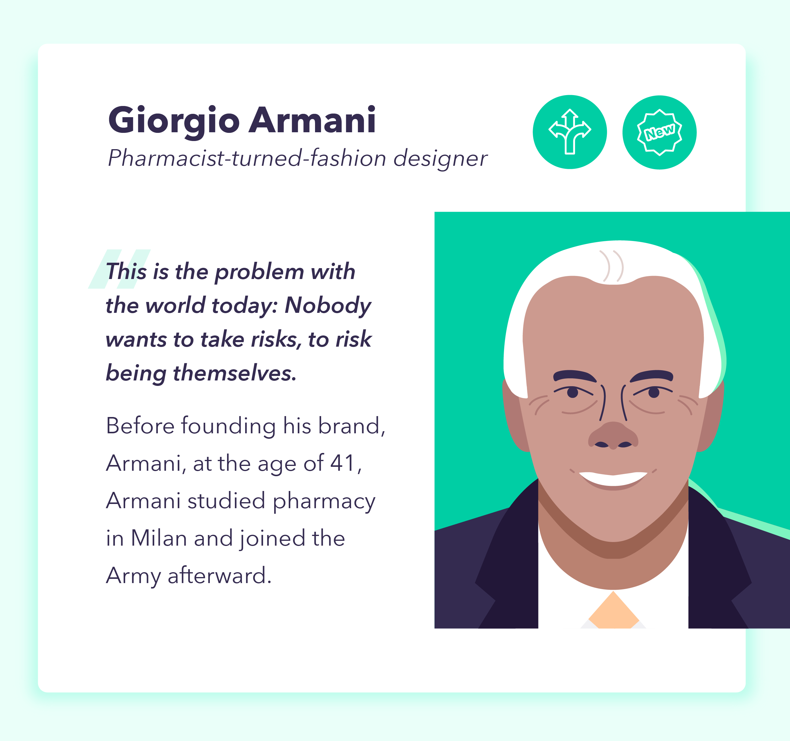 A graphic explains how Giorgio Armani did a career shift, underscoring tips for how to start a new career. 