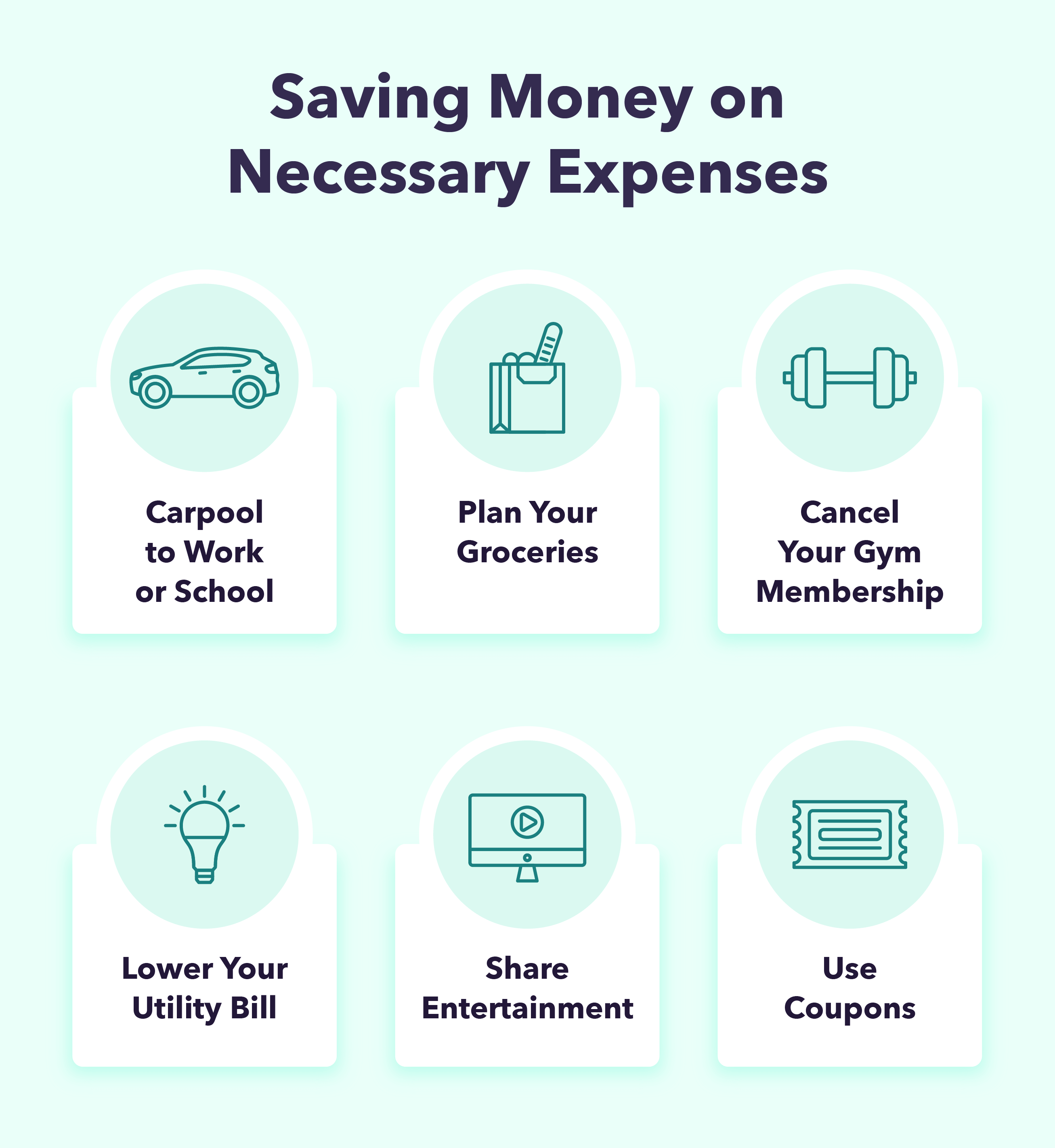 A graphic explains how to start saving money on necessary expenses.