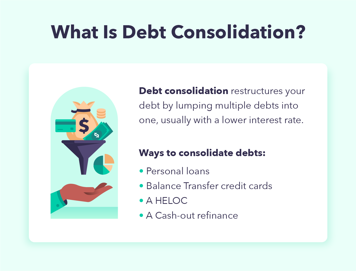 Debt consolidation restructures your debt from multiple streams into one. 