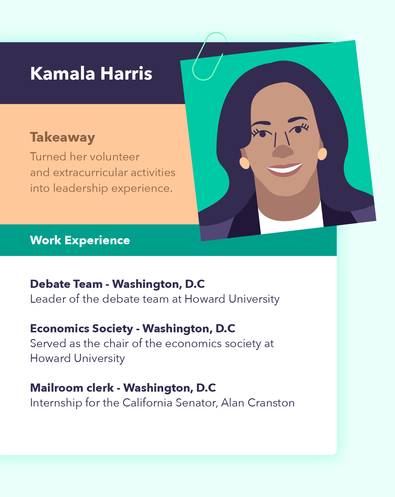 An illustration of Kamala Harris' first resume.