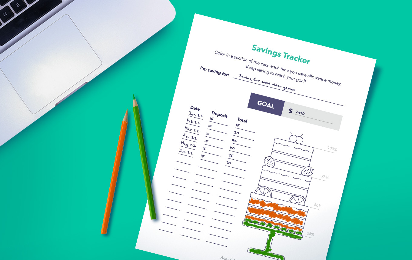 A mockup of an allowance for kids printable helps children ages 5 to 10 learn about how to save money. Click the download button for a free copy. 