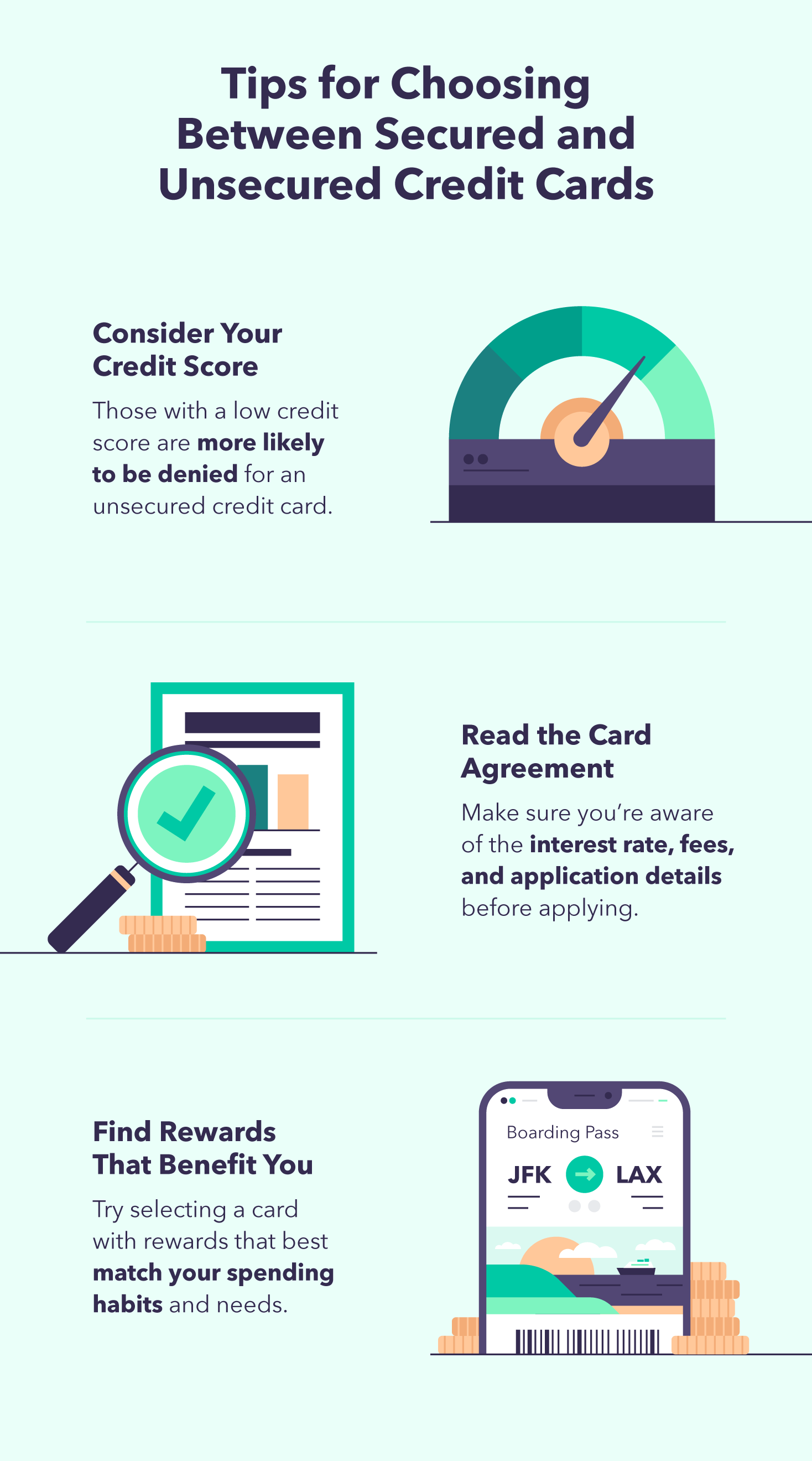 A graphic listing helpful tips for choosing between a secured vs. unsecured credit card.