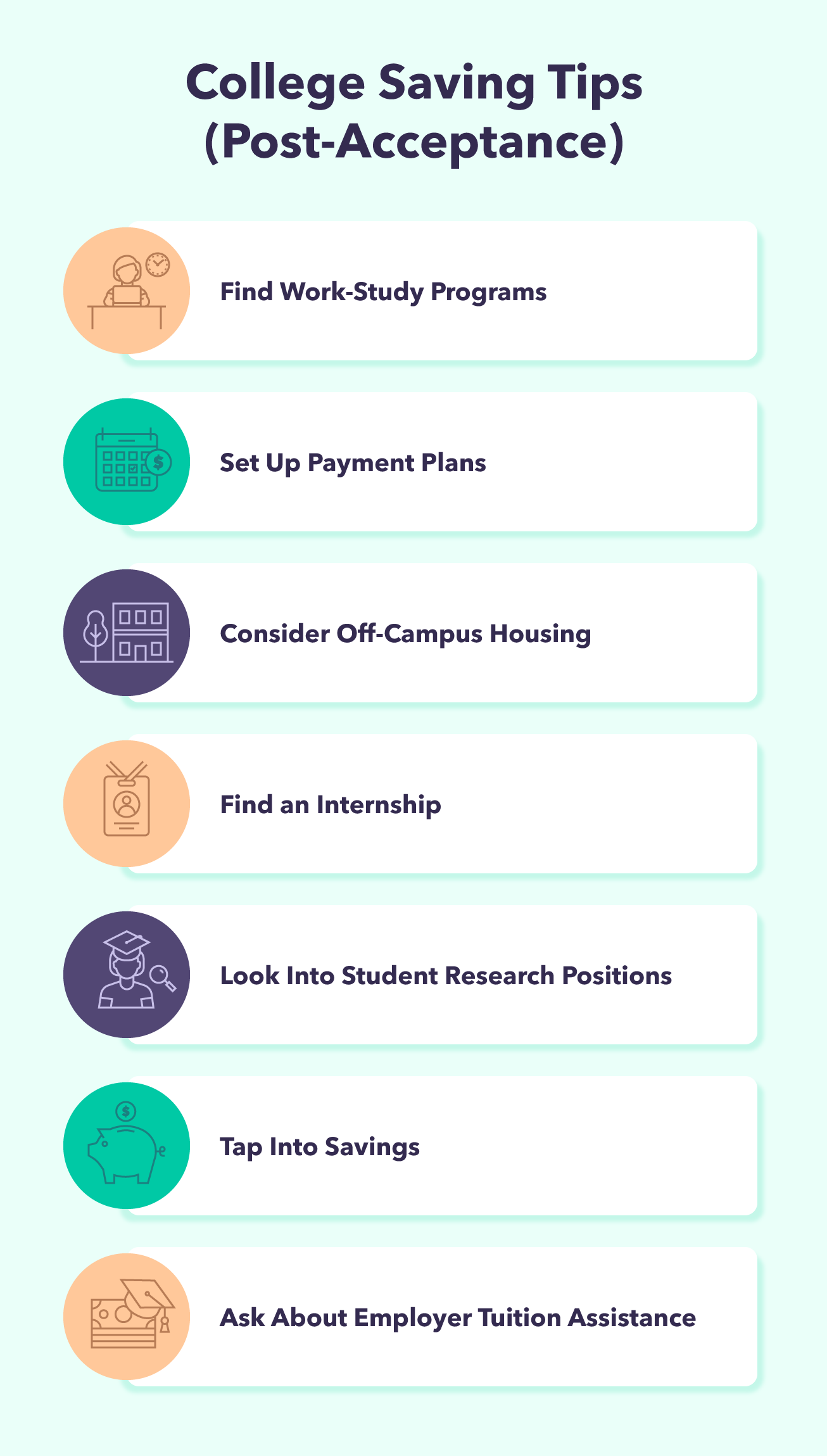 Seven icons accompany tips for how to pay for college post-acceptance.