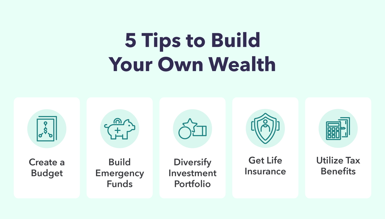 5 wealth-building tips: create a budget, build emergency funds, diversify investment portfolio, get life insurance, utilize tax benefits. 
