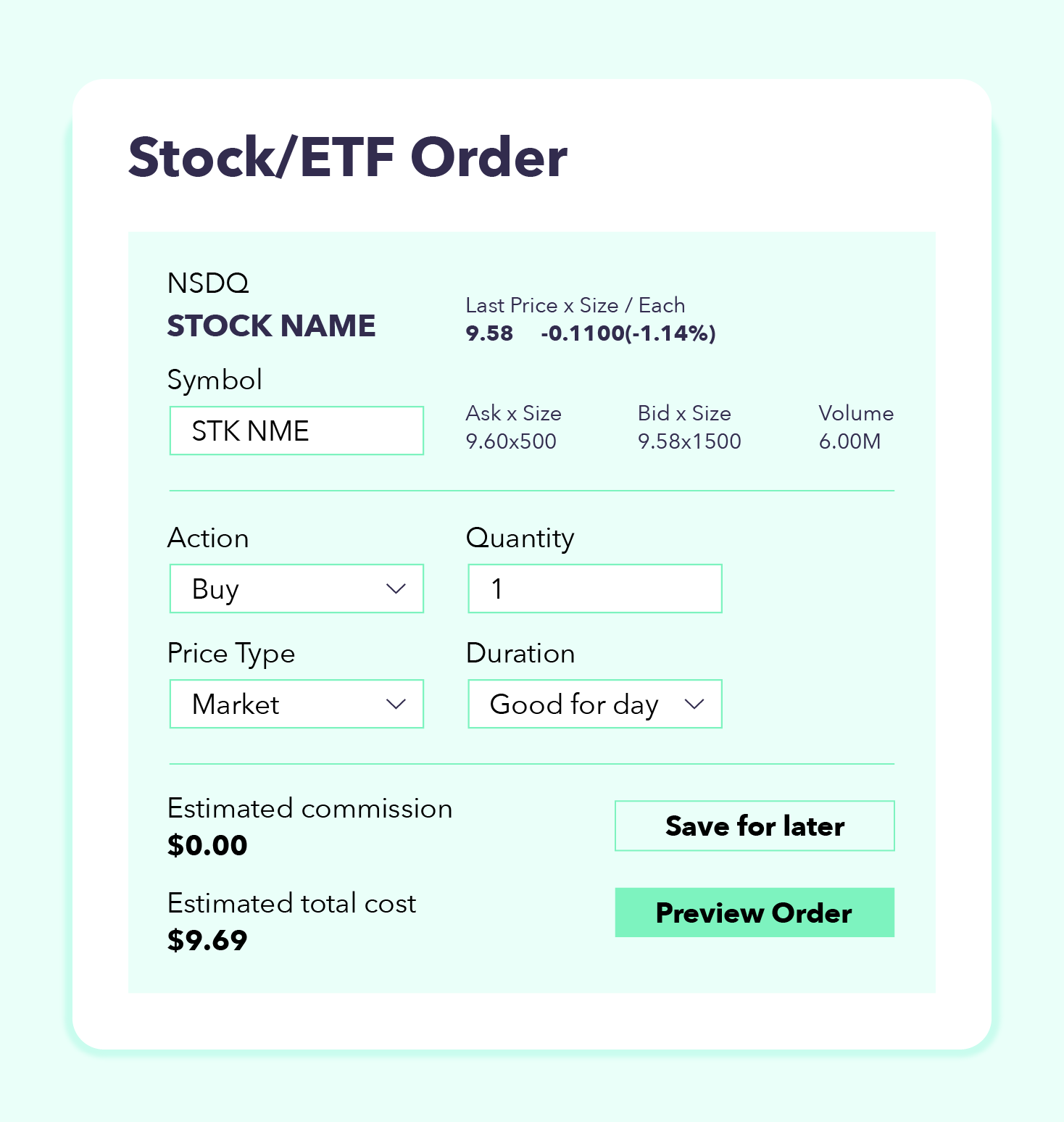 Visual of a stock order page. 