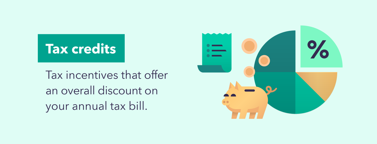 Tax credits are tax incentives that offer an overall discount on your annual tax bill. 
